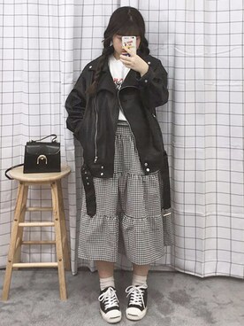 「OLDMICKEY （オールドミッキー）のアイテム（ライダースジャケット）」を使った、oldmickey_jpさん（レディース・152cm）の春コーディネート