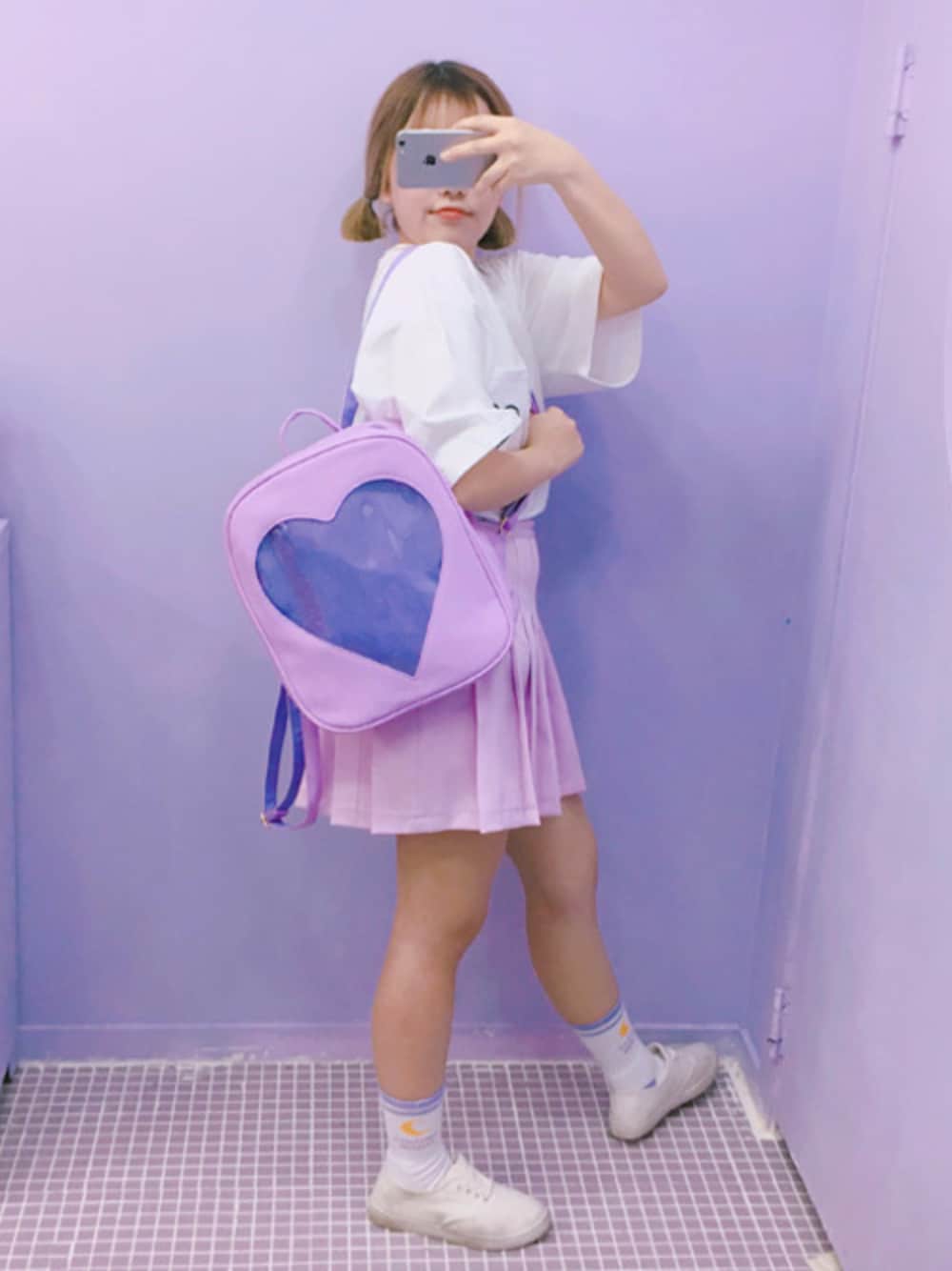 「カジュアル、シンプル、リュック、バッグ、春コーデ、韓国ファッション、オールドミッキー、oldmickey」｜「OLDMICKEY のシンプルラメハートスクエアリュック(P000BKLT)（バックパック/リュック、パープル系）」を使った、oldmickey_jpさん（レディース・162cm）の春コーディネートの1枚目の写真
