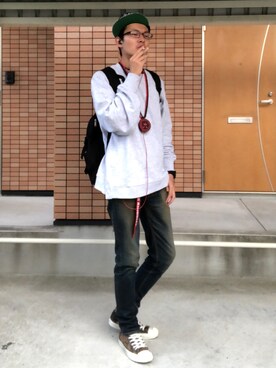 「柄物」｜「アイテム（帽子）」を使った、a.k.a集合場所さん（メンズ・180cm）の秋コーディネート
