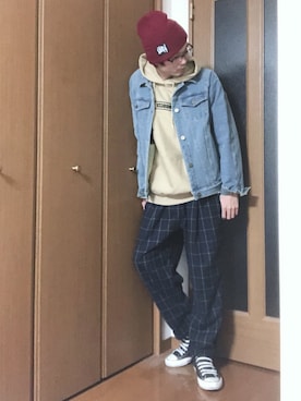 「ニットキャップ」｜「アイテム（デニムジャケット）」を使った、a.k.a集合場所さん（メンズ・180cm）の冬コーディネート
