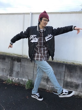 「ネルシャツ」｜「アイテム（スタジャン）」を使った、a.k.a集合場所さん（メンズ・180cm）の冬コーディネート