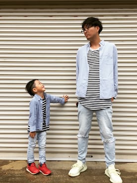 「UNIQLO（ユニクロ）のアイテム（シャツ/ブラウス、ブルー系）」を使った、Aratanayu-kiさん（キッズ・110cm）の秋コーディネート