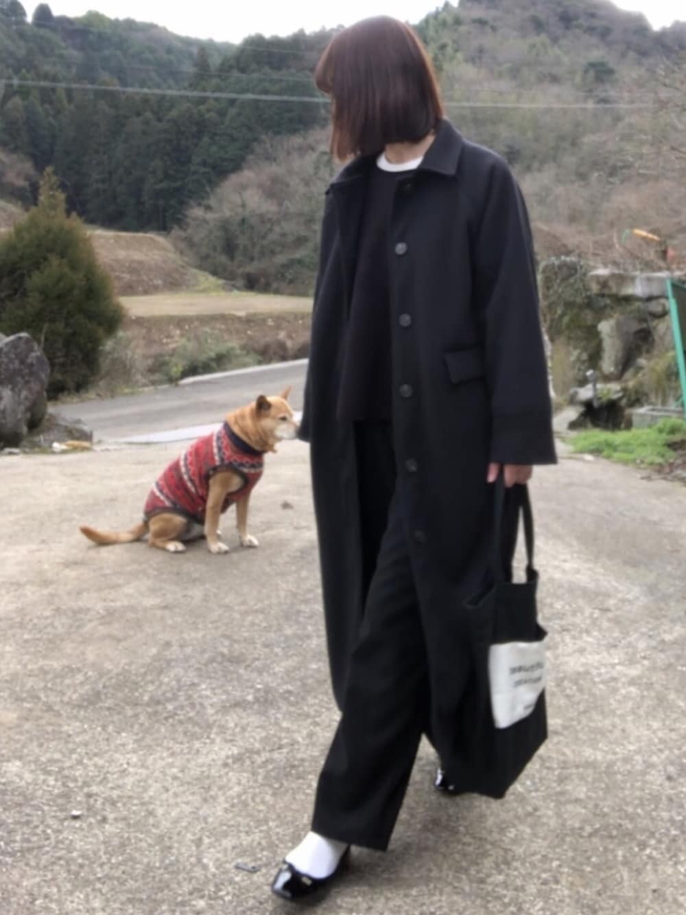 ブラック系のその他アウター、ブラック系のニット/セーター、ブラウン系のパンツを着用したレディースの冬コーディネートの1枚目の写真