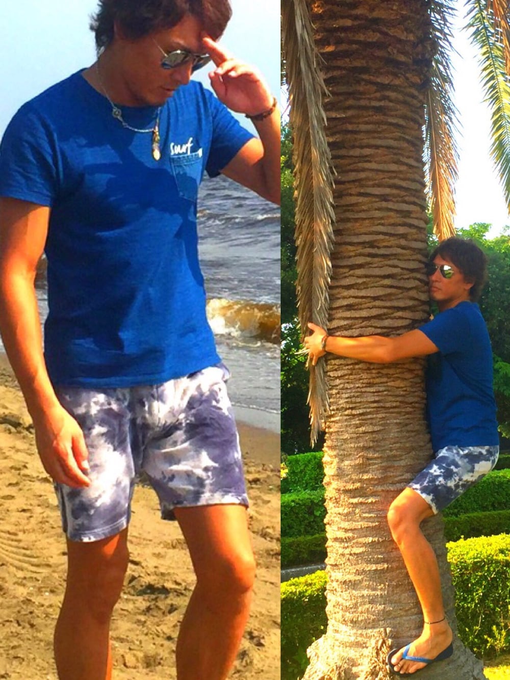 「goro's、wtw、H&M、havaianas、wakami、インディゴブルー、サーフ、SURF、カリフォルニア、california」｜「wtwのアイテム（Tシャツ/カットソー、ブルー系）」を使った、MA-KUNさん（メンズ・184cm）の夏コーディネートの1枚目の写真