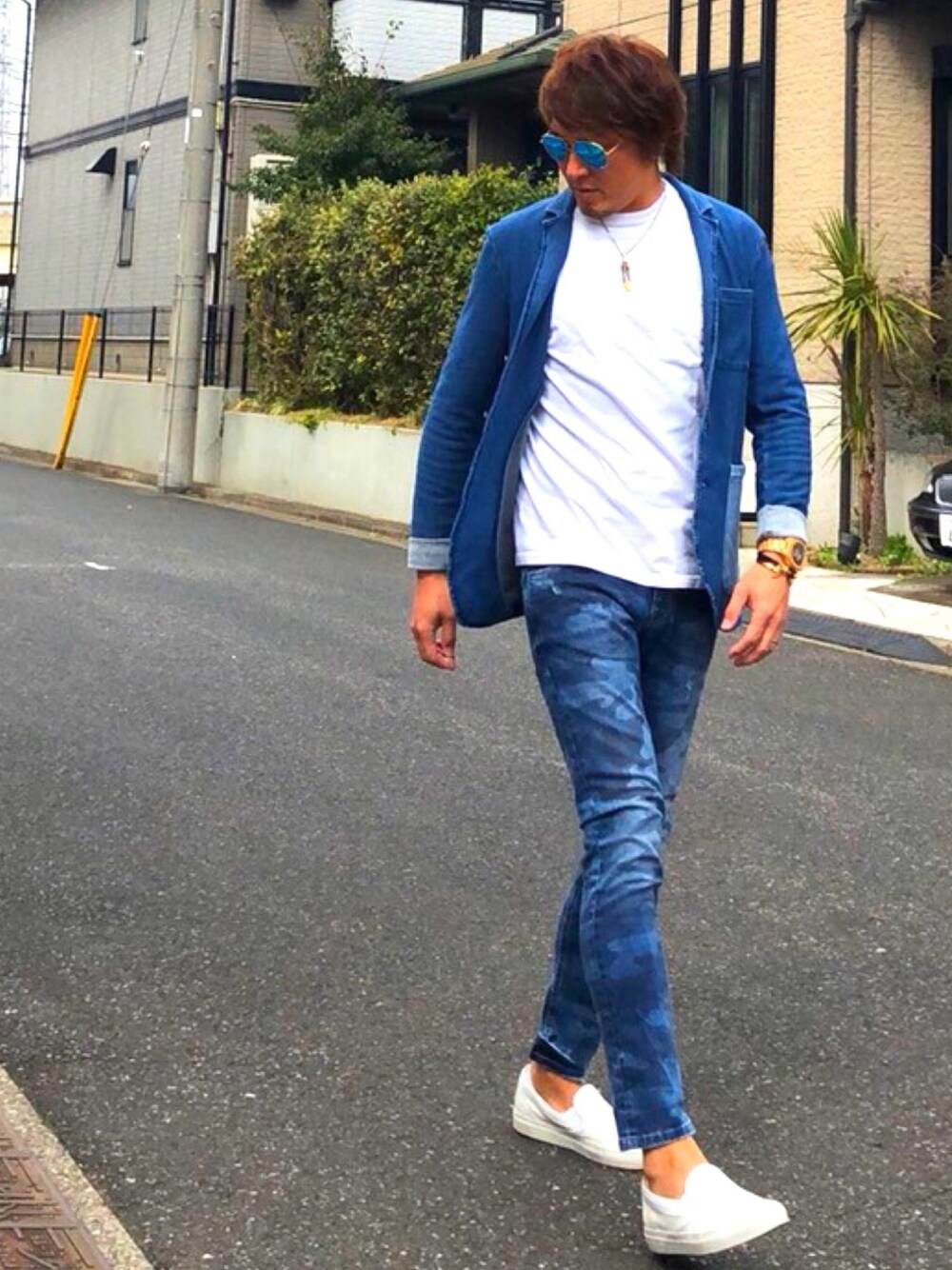 「ray ban、Ron Herman、goro's、MESSAGERIE、HYDROGEN、boemos、paulhewitt、einband、ロンハーマン、デニムテーラード」｜「Ray-BanのRay-Ban aviator sunglasses（サングラス、ブルー系）」を使った、MA-KUNさん（メンズ・184cm）の春コーディネートの1枚目の写真