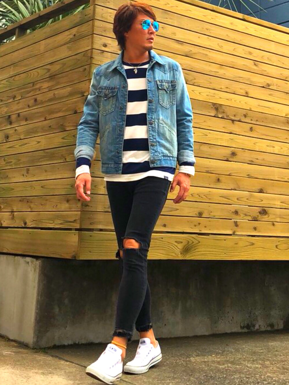 「ray ban、AZUL by moussy、TRUE RELIGION、ZARA MAN、converse、レイバン、ボーダーカットソー、Gジャン、サーフ、SURF」｜「Ray-BanのRay-Ban aviator sunglasses（サングラス、ブルー系）」を使った、MA-KUNさん（メンズ・184cm）の春コーディネートの1枚目の写真