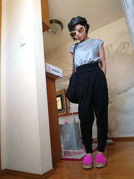 「ハンチング」｜「アイテム（キャップ）」を使った、うまさんさん（レディース・155cm）の夏コーディネート