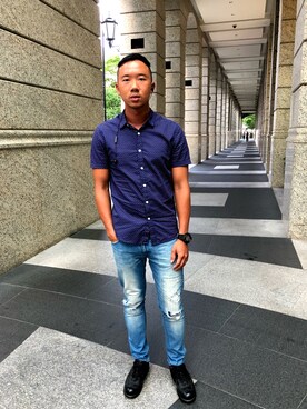 「Slightly Numb（スライトリーナム）のアイテム（パンツ）」を使った、阿倫さん（メンズ・175cm）の夏コーディネート