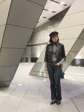 「SLY（スライ）のアイテム（ライダースジャケット）」を使った、海弘さん（レディース・156cm）の春コーディネート