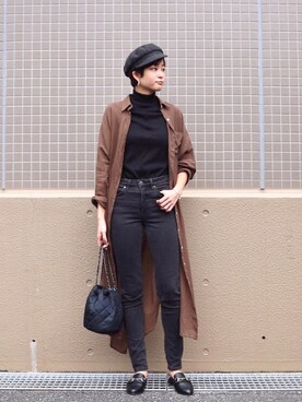 「秋のブラウンスタイル」｜「アイテム（シャツワンピース）」を使った、海弘さん（レディース・156cm）の秋コーディネート