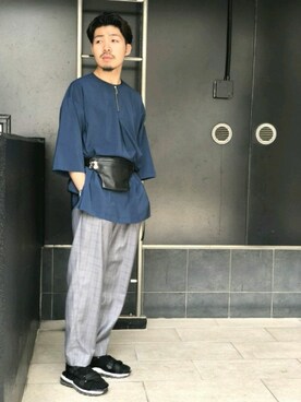 「Lui's（ルイス）の7分袖ハーフジップ プルオーバー（Tシャツ/カットソー、ブルー系）」を使った、OGURA RYO さん（メンズ・174cm）の夏コーディネート