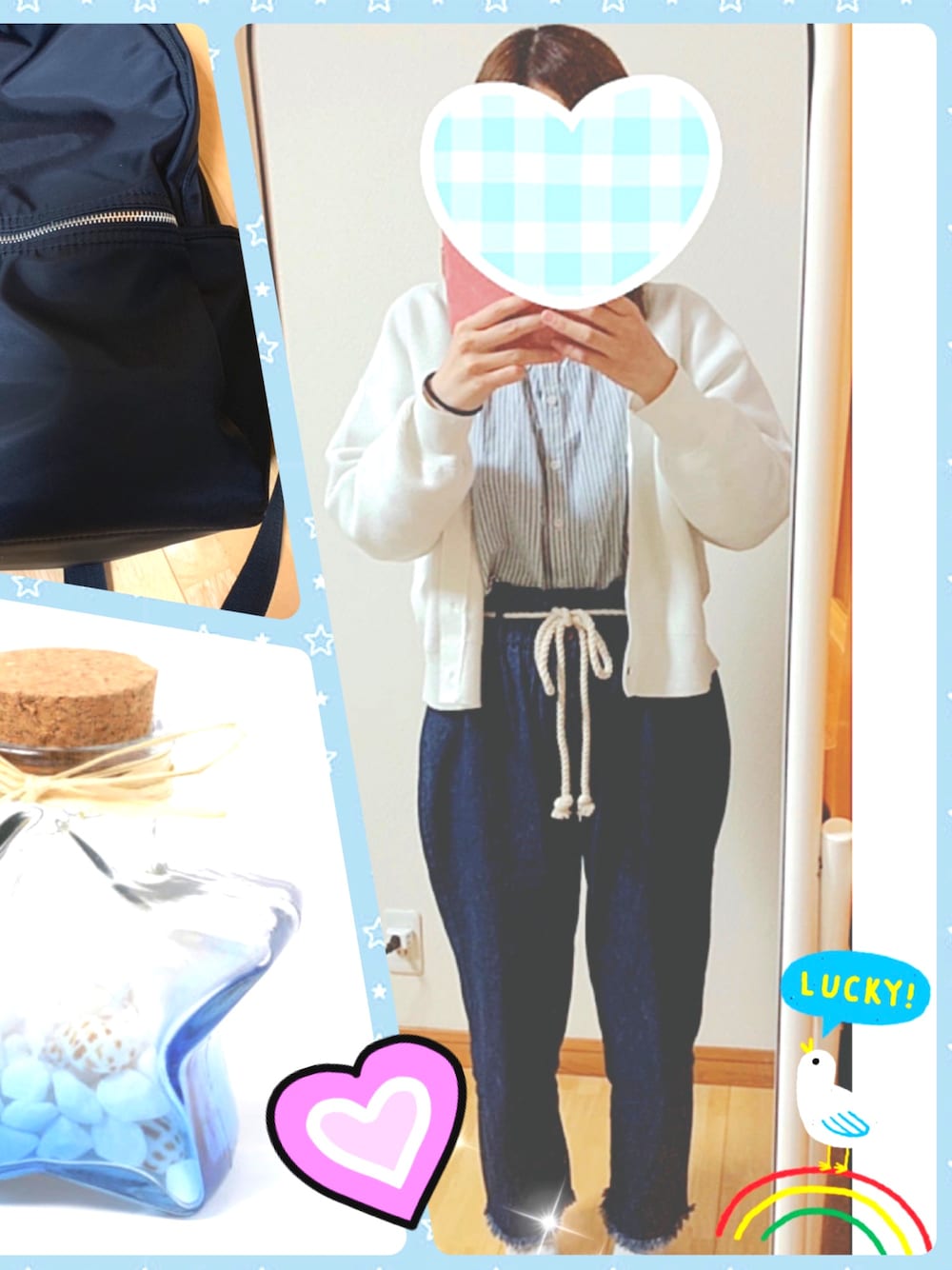 ホワイト系のカーディガン/ボレロ、ブルー系のシャツ/ブラウス、ブルー系のデニムパンツを着用したレディースの春コーディネートの1枚目の写真