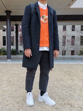 「GIORDANO（ジョルダーノ）のアイテム（ダウンジャケット/コート、ブラック系）」を使った、y0ngさん（メンズ・180cm）の春コーディネート