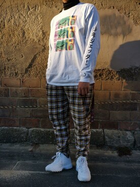 「少年ジェッターのSHONEN LS TEE - WHITE（Tシャツ/カットソー、ホワイト系）」を使った、y0ngさん（メンズ・180cm）の春コーディネート