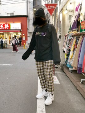 「Long Sleeve Rainbow Watercolour Tee（Tシャツ/カットソー、ブラック系）」を使った、y0ngさん（メンズ・180cm）の春コーディネート