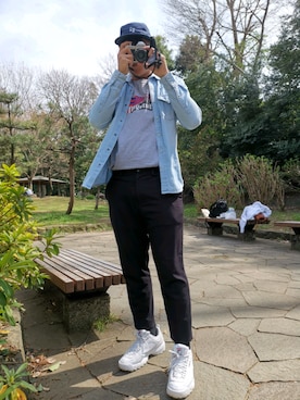 「GU（ジーユー）の（GU）デニムウェスタンシャツ（長袖）（トップス、ブルー系）」を使った、y0ngさん（メンズ・180cm）の春コーディネート