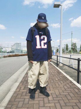 「ADER error（アーダーエラー）のUSED Ader Error Logo Embroidered Cap（キャップ、ブルー系）」を使った、y0ngさん（メンズ・180cm）の春コーディネート