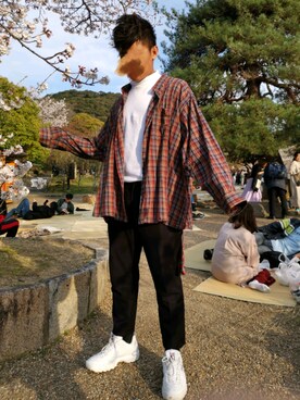 「usedのused clothes（シャツ/ブラウス、レッド系）」を使った、y0ngさん（メンズ・180cm）の春コーディネート