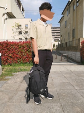 「GU（ジーユー）のオープンカラーシャツ(半袖)（シャツ/ブラウス、ベージュ系）」を使った、y0ngさん（メンズ・180cm）の春コーディネート