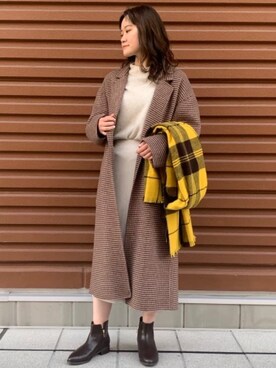 「Johnstons of Elgin（ジョンストンズオブエルガン）の[ 別注 ][ ジョンストンズ ] JOHNSTONS SC ストール チェック（ストール/ショール、イエロー系）」を使った、aoiさん（レディース・161cm）の秋コーディネート
