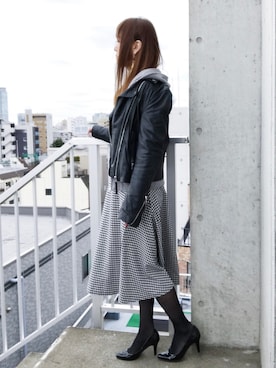 「stradivarius（ストラディバリウス）のアイテム（ライダースジャケット）」を使った、ちぃーさん（レディース・161cm）の春コーディネート