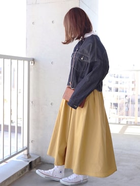 「ノーカラー」｜「アイテム（デニムジャケット）」を使った、ちぃーさん（レディース・161cm）の冬コーディネート