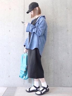 「Chaco closet（チャコ クローゼット）のバルーンスリーブ7分袖ポケット付きミニ裏毛Aラインスウェットワンピース（ワンピース）」を使った、ちぃーさん（レディース・161cm）の春コーディネート