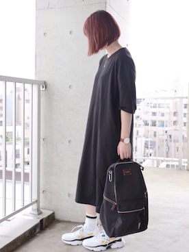 「Chaco closet（チャコ クローゼット）のバルーンスリーブ7分袖ポケット付きミニ裏毛Aラインスウェットワンピース（ワンピース）」を使った、ちぃーさん（レディース・161cm）の夏コーディネート