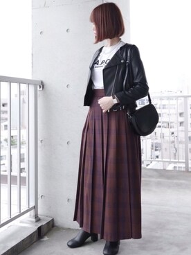 「チェック柄に恋してる」｜「アイテム（ライダースジャケット）」を使った、ちぃーさん（レディース・161cm）の秋コーディネート
