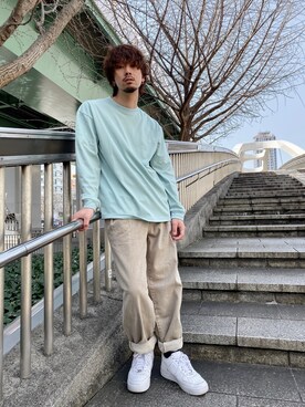 「PUBLIC TOKYO（パブリックトウキョウ）の【2020年新作】TENDER LIGHT ロンTEE（Tシャツ/カットソー、グリーン系）」を使った、keitomomuraさん（メンズ・166cm）の春コーディネート