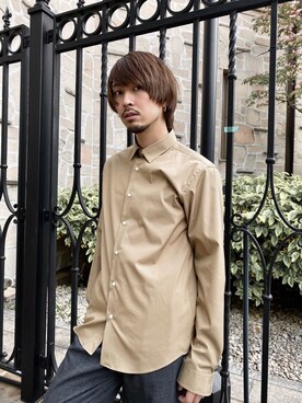 「PUBLIC TOKYO（パブリックトウキョウ）の【PUBLIC SHIRTS】スーピマコットンストレッチブロードレギュラーカラーシャツ（セットアップのインナー利用可）（シャツ/ブラウス、ベージュ系）」を使った、keitomomuraさん（メンズ・166cm）の春コーディネート