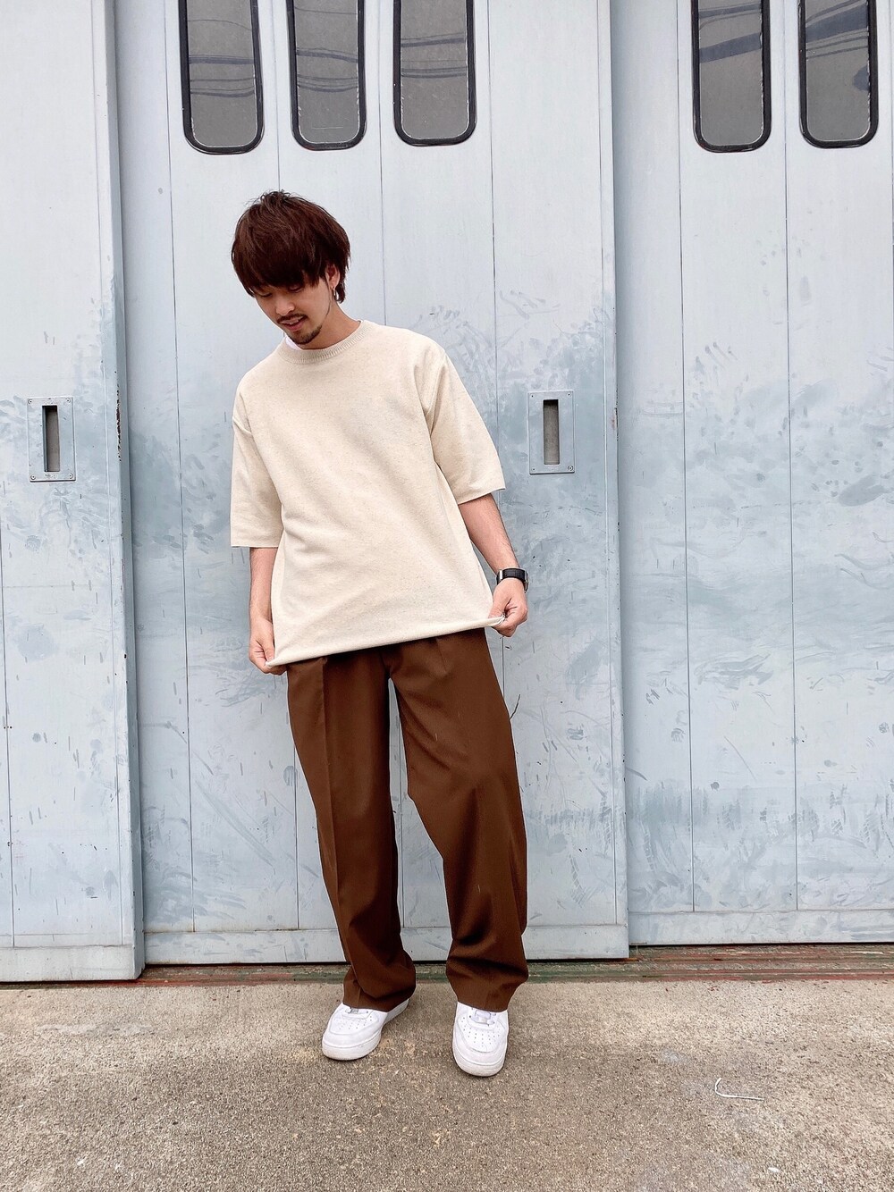 「シンプルコーデ、サマーニット」｜「PUBLIC TOKYOの【2020年新作】リネンミラノリブニットTEE（Tシャツ/カットソー、ベージュ系）」を使った、keitomomuraさん（メンズ・166cm）の春コーディネートの1枚目の写真