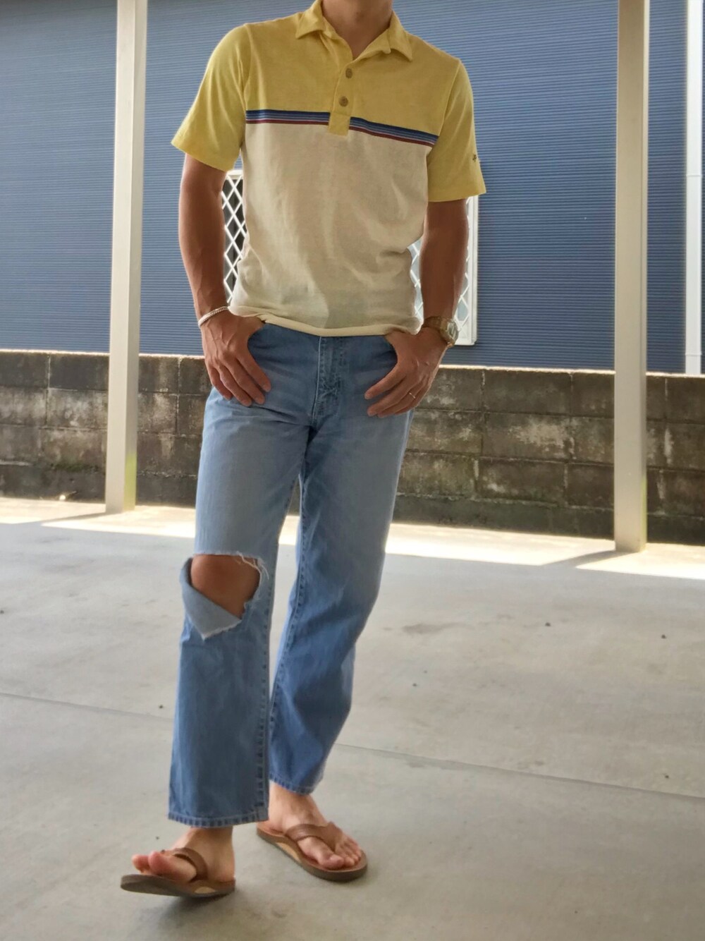 「Ocean Pacificのアイテム（ポロシャツ、イエロー系）」を使った、YUSUKE_PITTさん（メンズ・173cm）の夏コーディネートの1枚目の写真