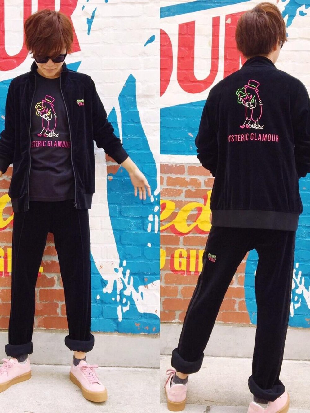 ピンク系のスニーカー、ブラック系のTシャツ/カットソー、ブラック系のジャージを着用したメンズの夏コーディネートの1枚目の写真