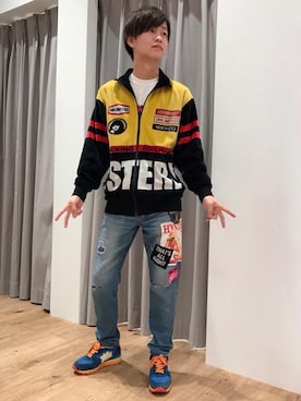 「HYSTERIC GLAMOUR（ヒステリックグラマー）のHG RACINGジャカードジップアップ（ジャージ、ブラック系）」を使った、しゅう。さん（メンズ・165cm）の秋コーディネート