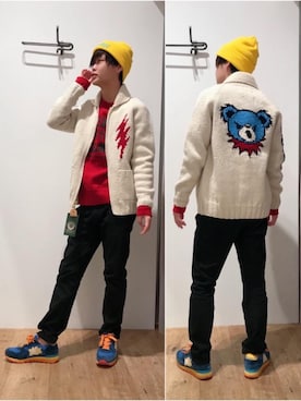 「HYSTERIC GLAMOUR（ヒステリックグラマー）のCANADIAN SWEATER×HYSTERIC/HYS BEAR LIVE編込カウチン（カーディガン/ボレロ、ホワイト系）」を使った、しゅう。さん（メンズ・165cm）の秋コーディネート