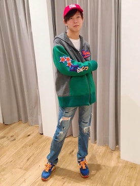 「HYSTERIC GLAMOUR（ヒステリックグラマー）のワッペン付 フーデッドジャケット（ブルゾン、グレー系）」を使った、しゅう。さん（メンズ・165cm）の秋コーディネート