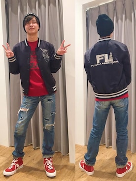 「HYSTERIC GLAMOUR（ヒステリックグラマー）のCLASSIC ハイカットスニーカー（スニーカー、レッド系）」を使った、しゅう。さん（メンズ・165cm）の秋コーディネート