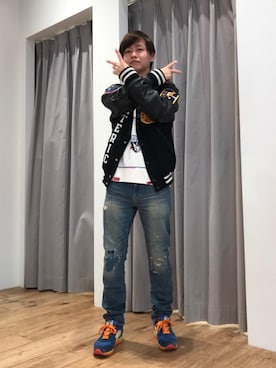 「HYSTERIC GLAMOUR（ヒステリックグラマー）のHYS BOX総柄スウェット（スウェット、ホワイト系）」を使った、しゅう。さん（メンズ・165cm）の冬コーディネート