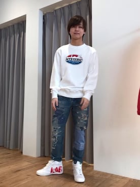 「HYSTERIC GLAMOUR（ヒステリックグラマー）のCOLLAGE REMAKE加工デニム テーパードパンツ（デニムパンツ、ブルー系）」を使った、しゅう。さん（メンズ・165cm）の春コーディネート