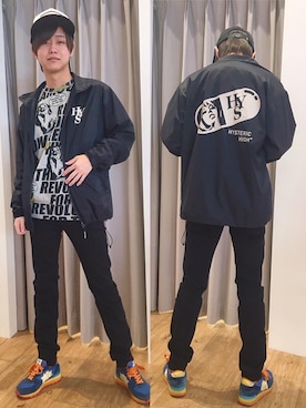 「HYSTERIC GLAMOUR（ヒステリックグラマー）のYOURSELF ALIVE メッシュキャップ（キャップ、ブラック系）」を使った、しゅう。さん（メンズ・165cm）の春コーディネート