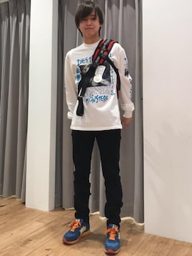 「HYSTERIC GLAMOUR（ヒステリックグラマー）のDESTROY ALL MONSTERS/DIARY 1 Tシャツ（Tシャツ/カットソー、ホワイト系）」を使った、しゅう。さん（メンズ・165cm）の春コーディネート