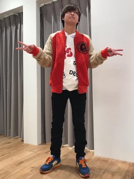 「HYSTERIC GLAMOUR（ヒステリックグラマー）のLUCIFER-COLLEGEワッペン スタジャン（ブルゾン、オレンジ系）」を使った、しゅう。さん（メンズ・165cm）の春コーディネート