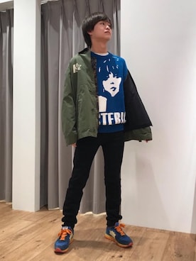 「HYSTERIC GLAMOUR（ヒステリックグラマー）のSTAR-WOMANライナー付デッキジャケット（ミリタリージャケット、グリーン系）」を使った、しゅう。さん（メンズ・165cm）の春コーディネート