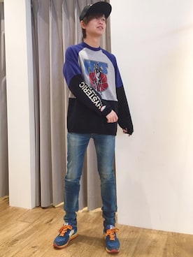 「HYSTERIC GLAMOUR（ヒステリックグラマー）のHYS WHISKY柄 刺繍キャップ（キャップ、ブラック系）」を使った、しゅう。さん（メンズ・165cm）の春コーディネート