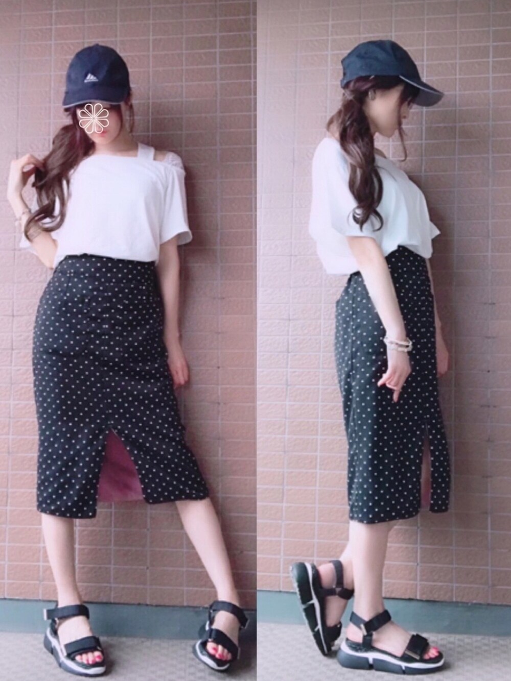 「キャップ、シンプル、ドット柄、タイトスカート、リバーシブル、へザー、ワンショルダー、白Tシャツ、大人ガーリー、スポーツサンダル」｜「夢展望の選べる２タイプ　ワンショルダーｏｒ肩開きＴシャツ（Tシャツ/カットソー、ホワイト系）」を使った、Yukko.☃︎さん（レディース・160cm）の夏コーディネートの1枚目の写真
