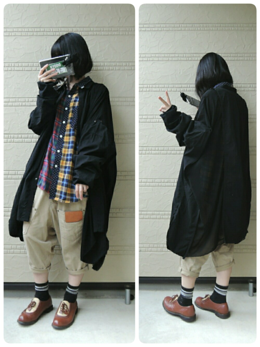 ブラック系のシャツ/ブラウス、レッド系のシャツ/ブラウス、ブラウン系のドレスシューズを着用したレディースの秋コーディネートの1枚目の写真