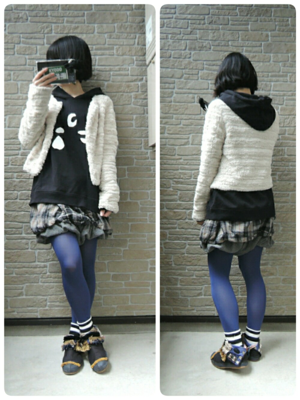 「にゃー、モコモコアウター、チェックパンツ、リメイク、足袋、パーカー、ノーカラージャケット」｜「Ne-netの【9月先行予約】アップにゃー裏毛（パーカー、ブラック系）」を使った、しぃｏさん（レディース・159cm）の秋コーディネートの1枚目の写真