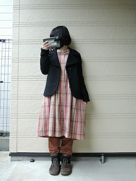 「チェックワンピース」｜「アイテム（ピーコート）」を使った、しぃｏさん（レディース・159cm）の冬コーディネート