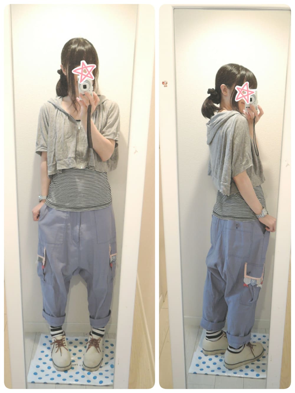 「ボーダー、ショート丈、サルエルパンツ、ゆるパンツ、ボーダーソックス、ゆるコーデ、白靴、パーカー グレー、ゆる部隊」｜「Ne-netのアーミーフラッグ（カーゴパンツ、ブルー系）」を使った、しぃｏさん（レディース・159cm）の夏コーディネートの1枚目の写真